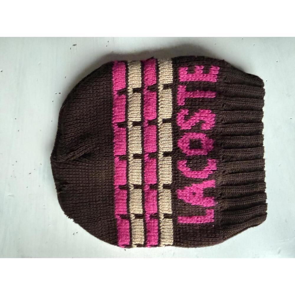 Lacoste Brown Knit Beanie with Pink and Beige Pattern